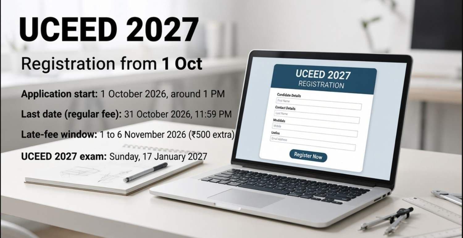 Design tools beside a laptop showing the UCEED 2027 application form