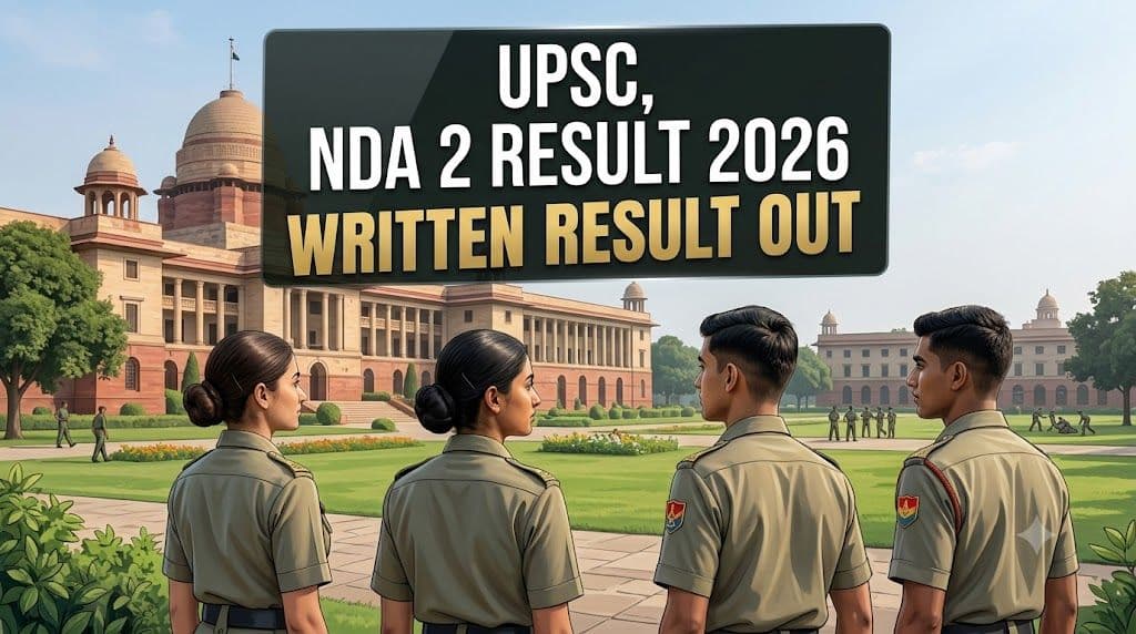 Defence academy candidates facing a campus with the text UPSC NDA 2 Result 2026 Written Result Out.