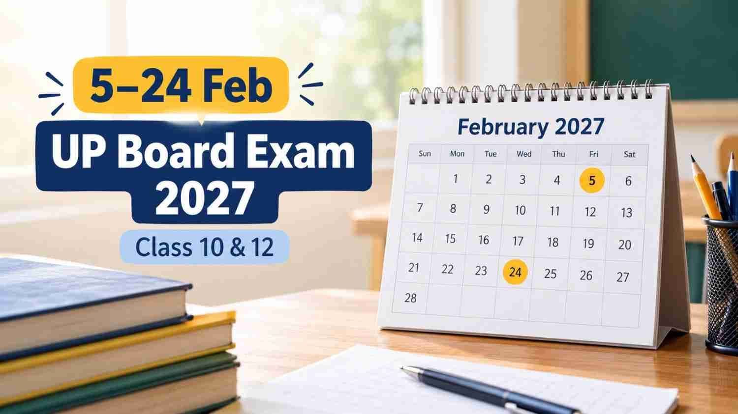 Calendar graphic showing UP Board exam dates 2027 from February 5 to February 24 for Class 10 and 12