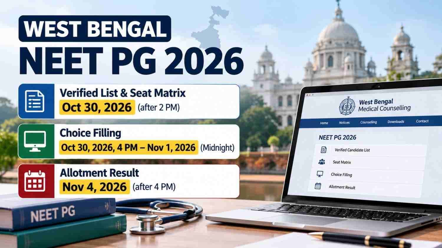West Bengal NEET PG 2026 verified candidate list and seat matrix due October 30; choice filling from 4 PM October 30 to midnight November 1