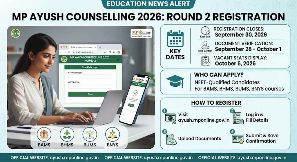 Illustration representing MP AYUSH Counselling 2026 Round 2 registration, verification, and vacant seats schedule