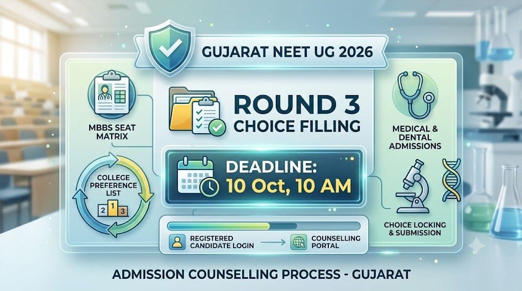 Gujarat NEET UG 2026 Round 3 choice filling deadline of 10 October
