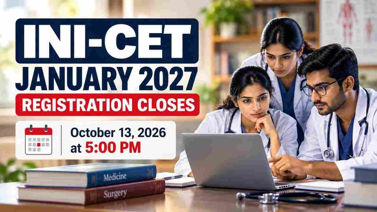 INI-CET January 2027 registration deadline featured image with medical students, a calendar and a clock