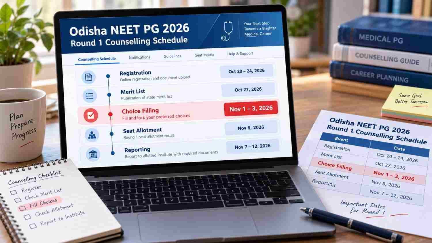 DMET Odisha NEET PG 2026 round 1 counselling schedule on a laptop screen