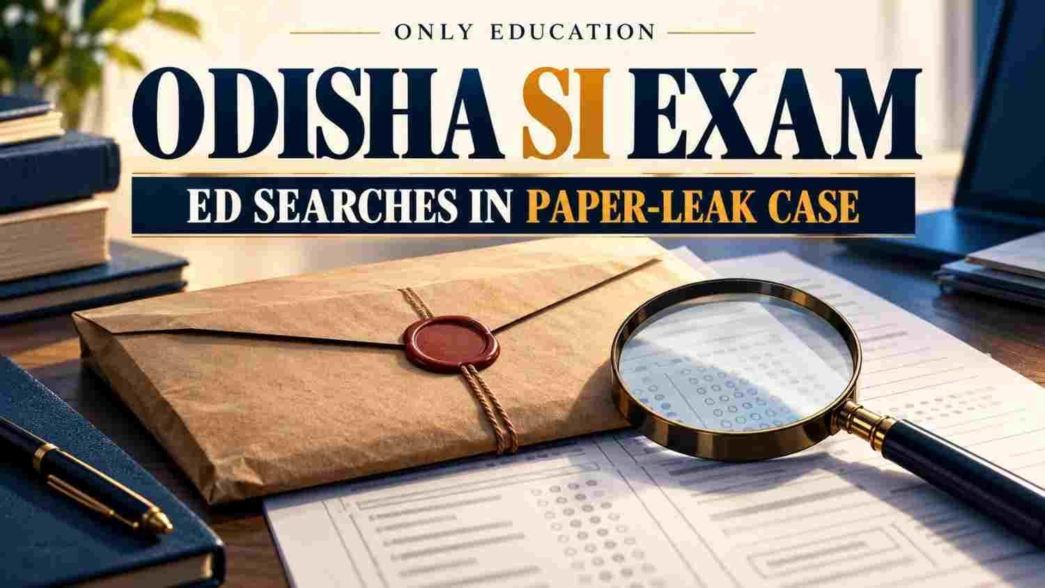 Illustrated sealed examination envelope and magnifying glass beneath the headline Odisha SI Exam: ED Searches in Paper-Leak Case.