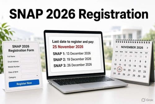 Laptop showing the SNAP 2026 registration form beside a calendar marked 25 November