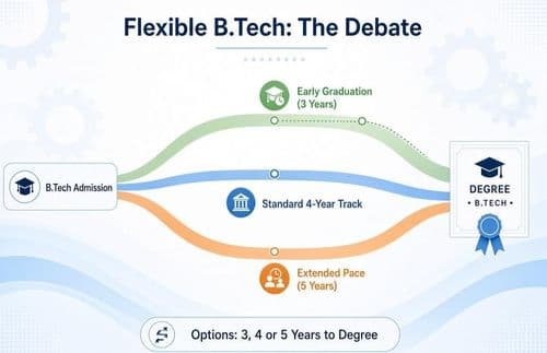 Illustration of flexible three, four, and five year B.Tech timeline options at IITs