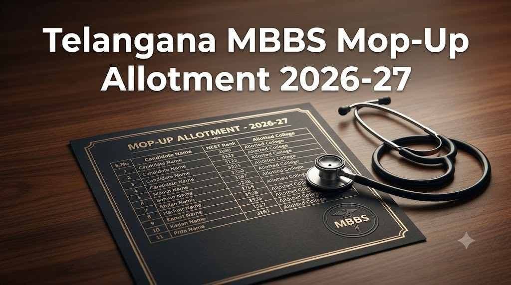 Illustration of a stethoscope, admission folder and laptop beside the headline Telangana MBBS 2026 Mop-Up Allotment List Released.