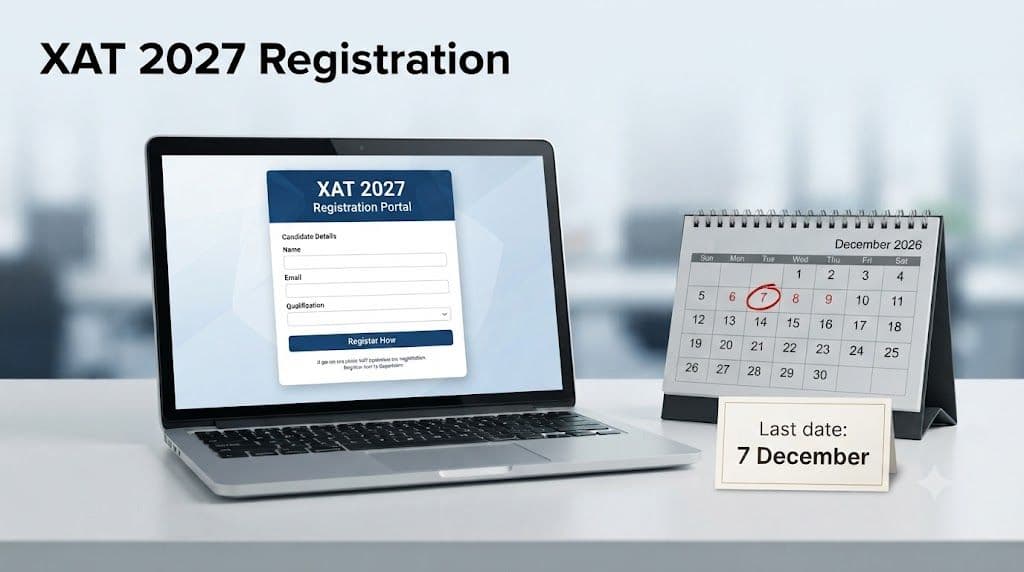 Laptop showing the XAT 2027 registration form next to a calendar marked 6 December