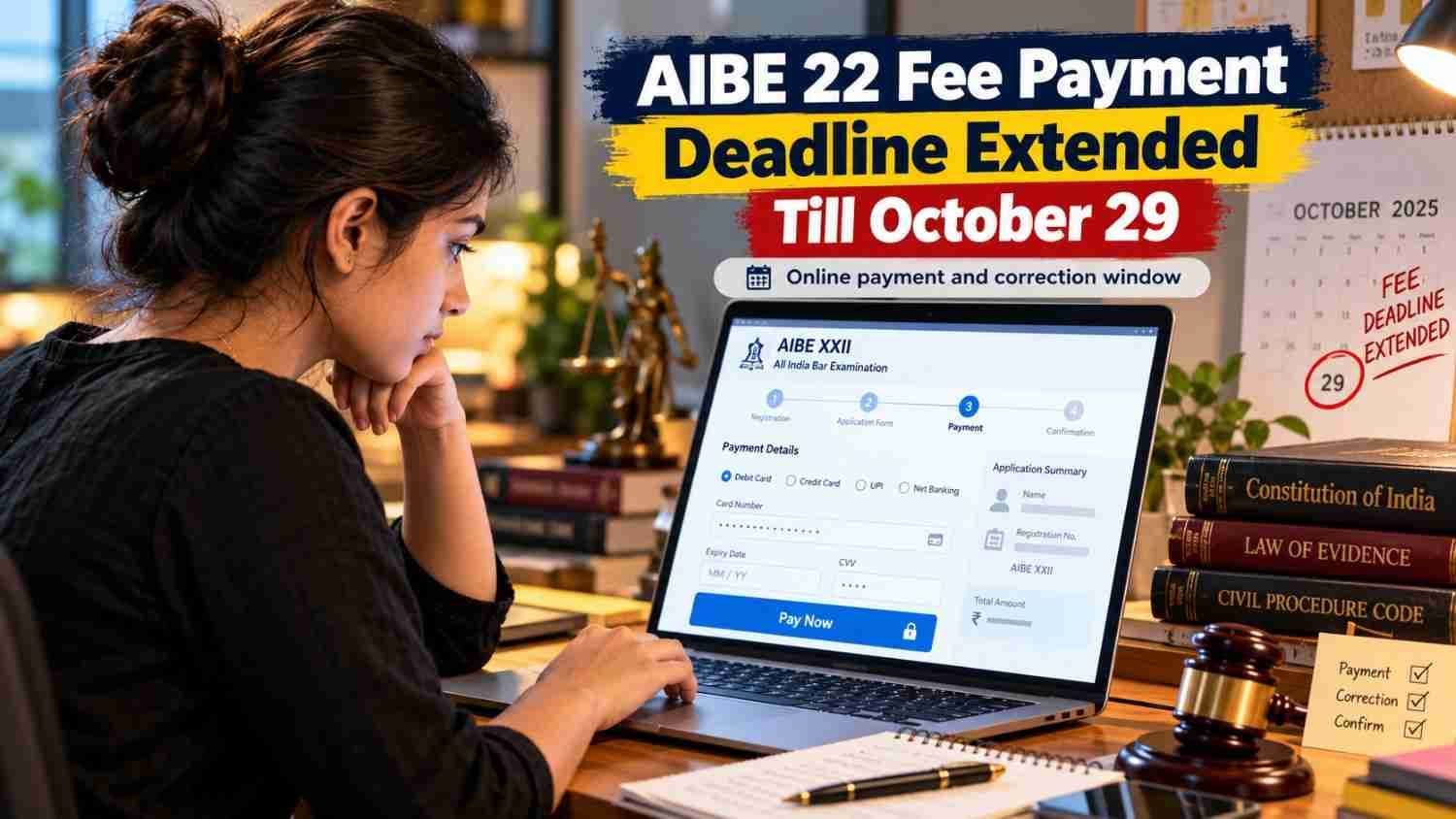 Candidate completing AIBE XXII 2026 fee payment online before October 29 deadline