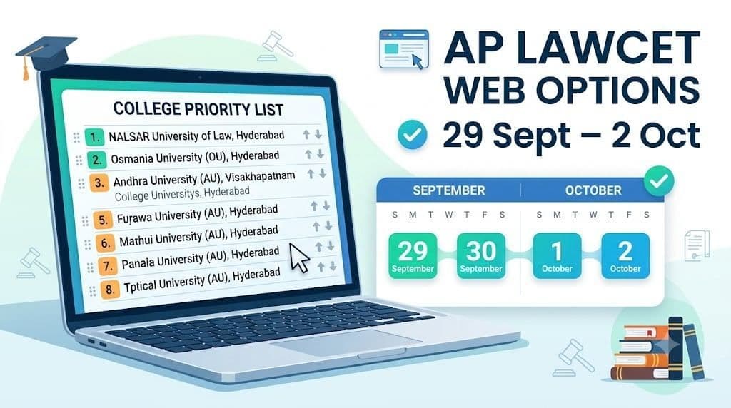 Laptop showing a ranked list of law college choices with a calendar marking 29 September to 2 October