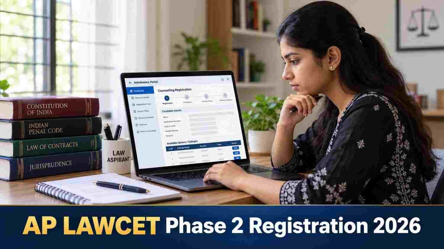 Candidate registering for AP LAWCET 2026 Phase 2 counselling on laptop at cap.apcfss.in.