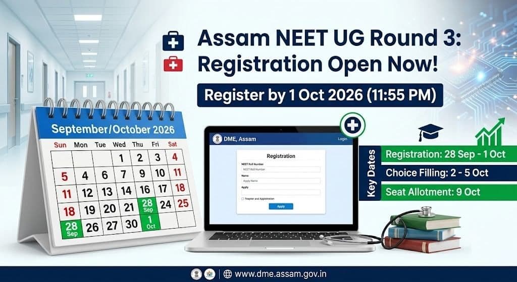 Stethoscope and laptop with a calendar marking the Assam NEET round 3 registration dates