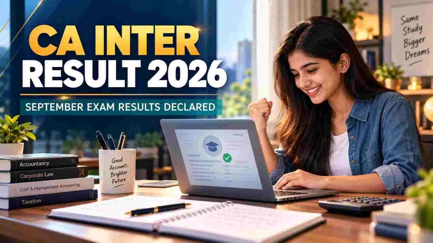 Student checking the declared CA Intermediate September 2026 result on a laptop beside accountancy books and a calculator.