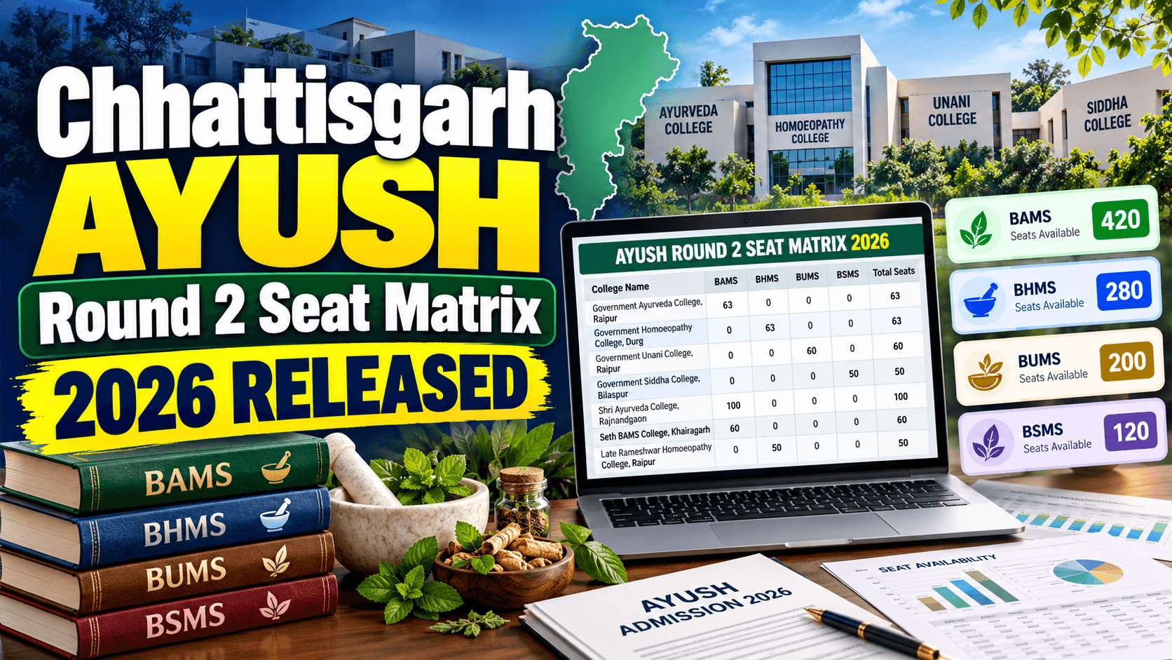 Chhattisgarh AYUSH Round 2 Seat Matrix 2026 Released for BAMS, BHMS and BNYS