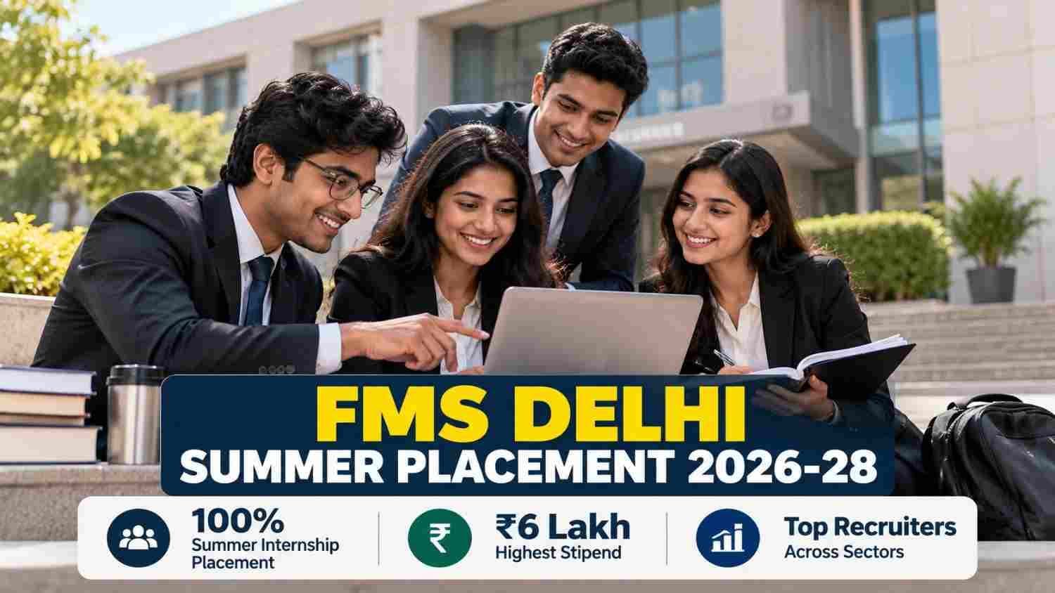 FMS Delhi MBA students celebrate 100% summer internship placement with ₹6 lakh highest stipend for 2026-28 batch.