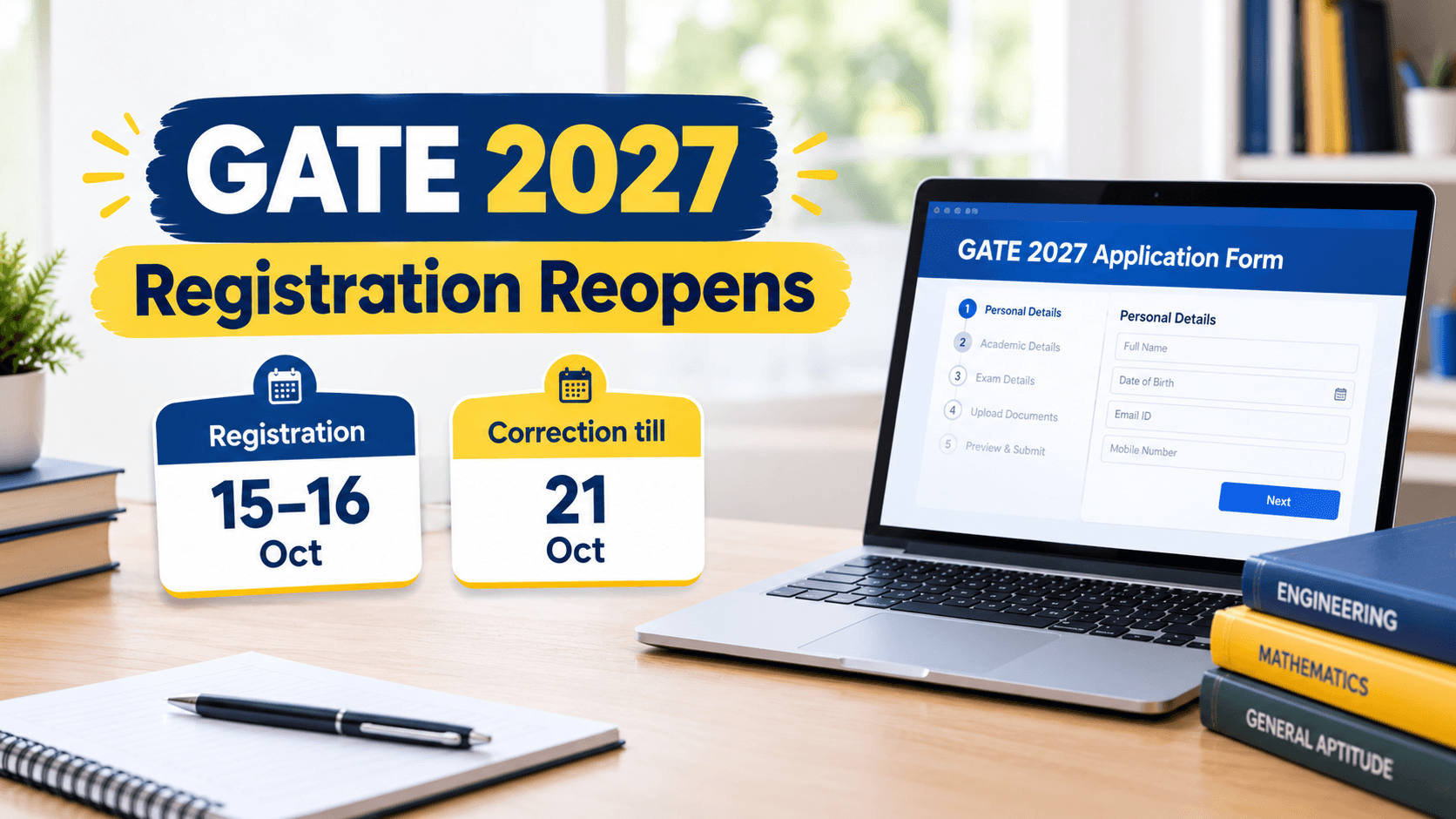 Graphic showing GATE 2027 special registration on 15 and 16 October and correction window till 21 October