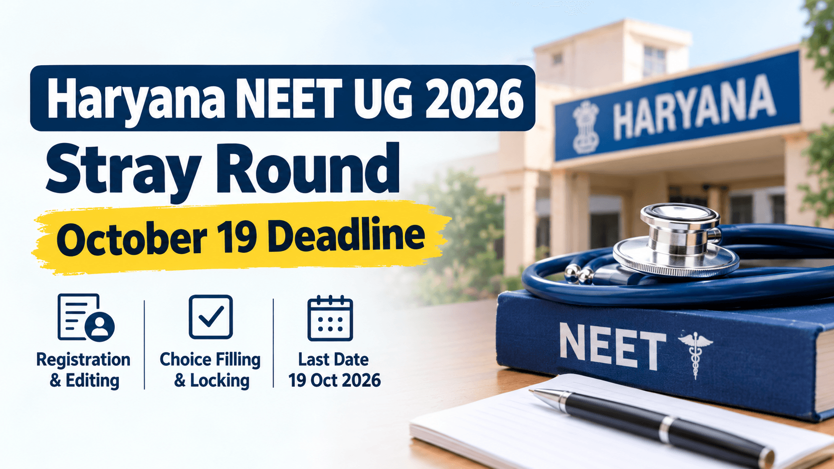 Haryana NEET UG 2026 Stray Round: Registration and Choices Close on October 19