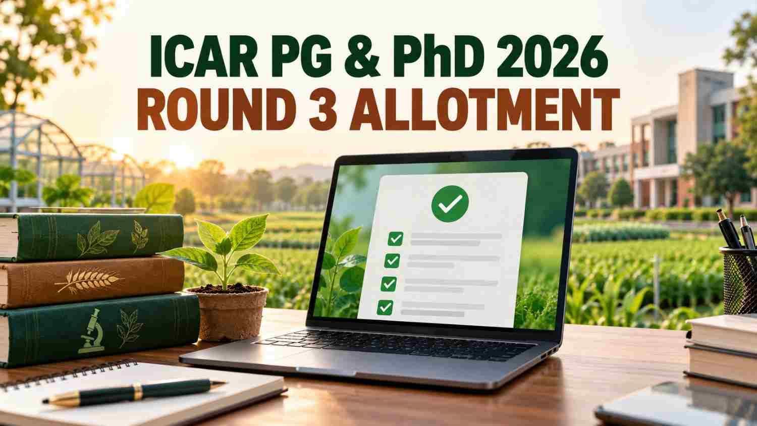 ICAR PG and PhD 2026 Round 3 allotment cover with a laptop checklist, agriculture books and a seedling.