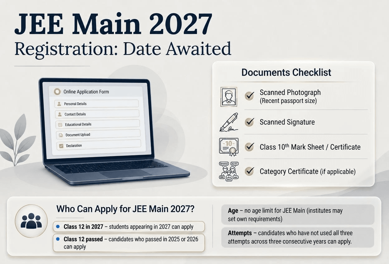 Checklist of documents needed for JEE Main 2027 registration beside an application form