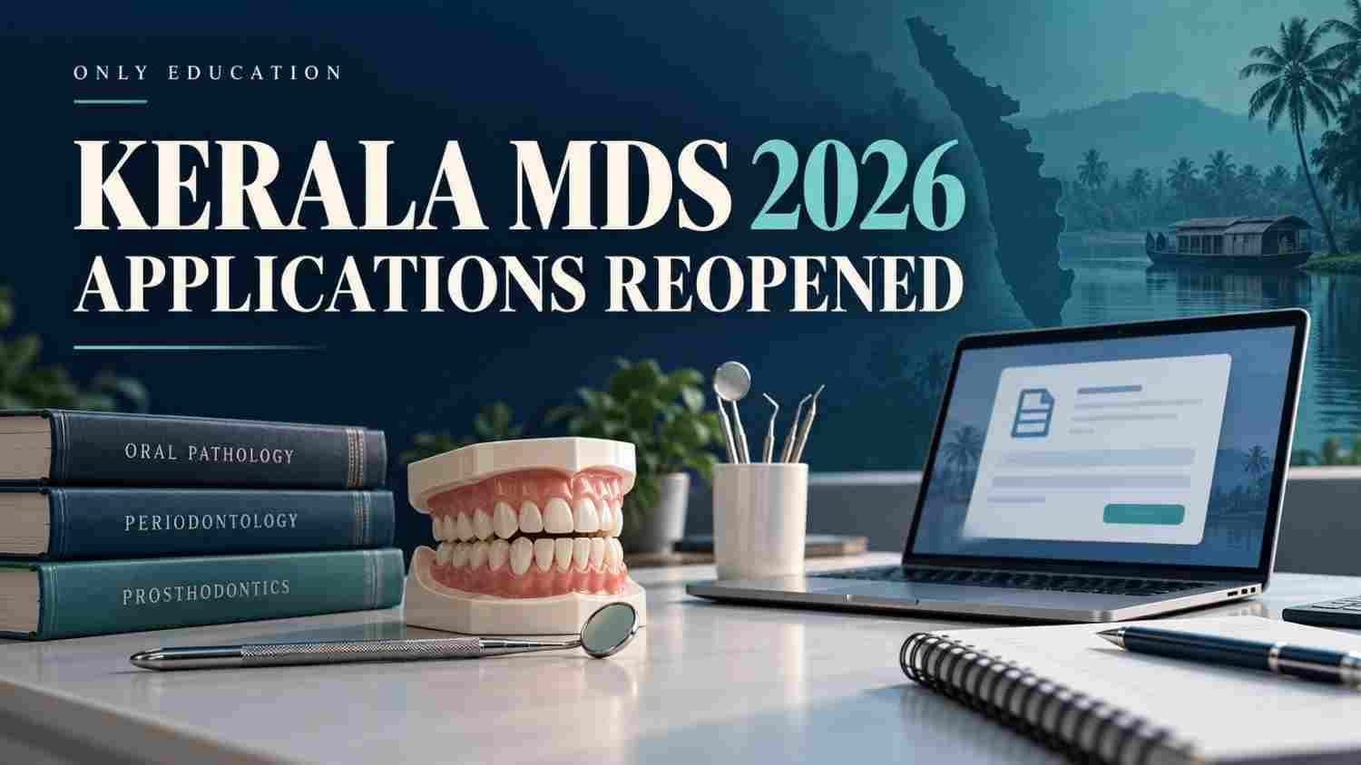 Dental model and laptop beside the headline Kerala MDS 2026 Applications Reopened.