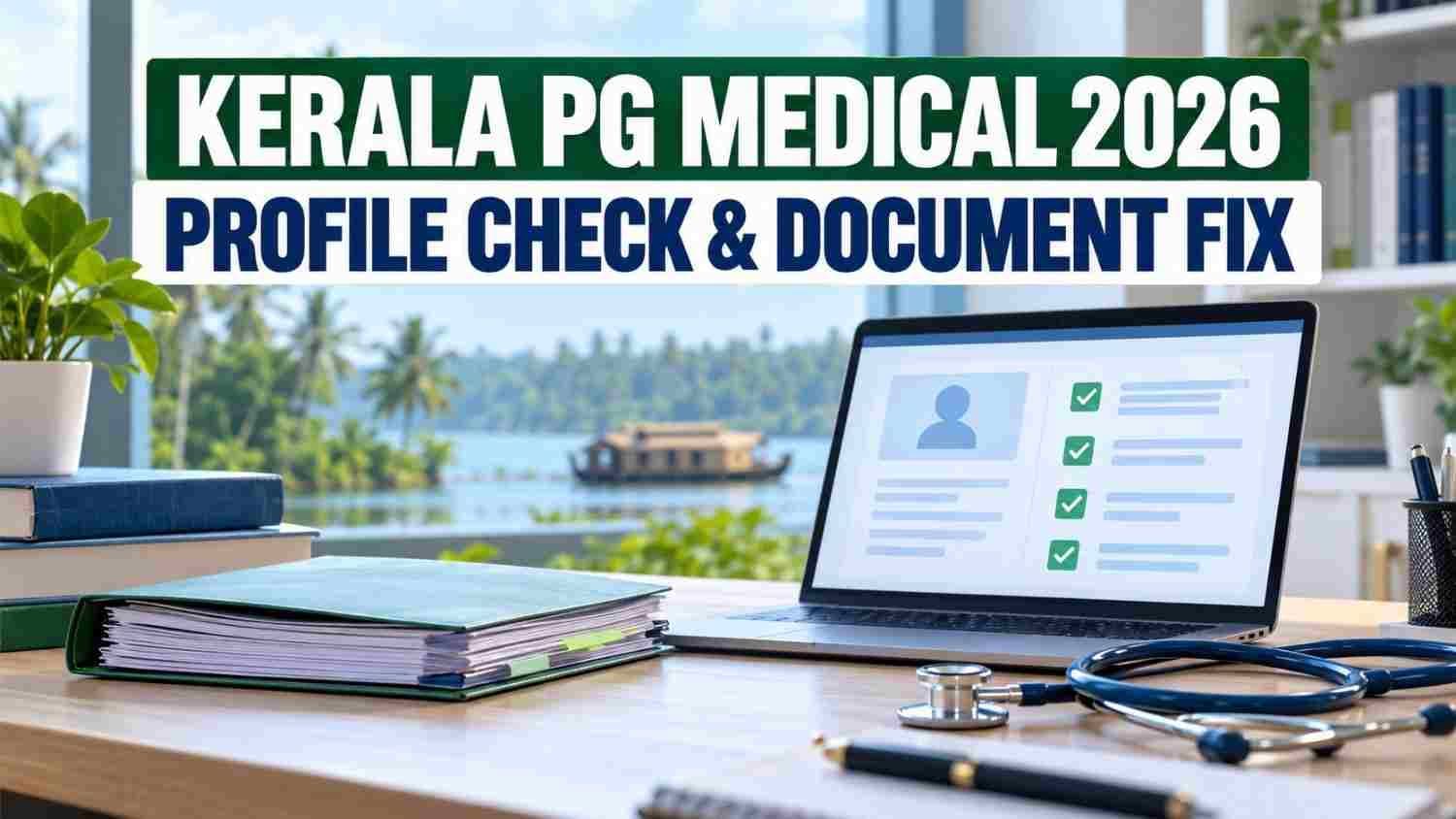 Kerala PG Medical 2026 profile-check and document-correction desk with a laptop checklist and stethoscope.