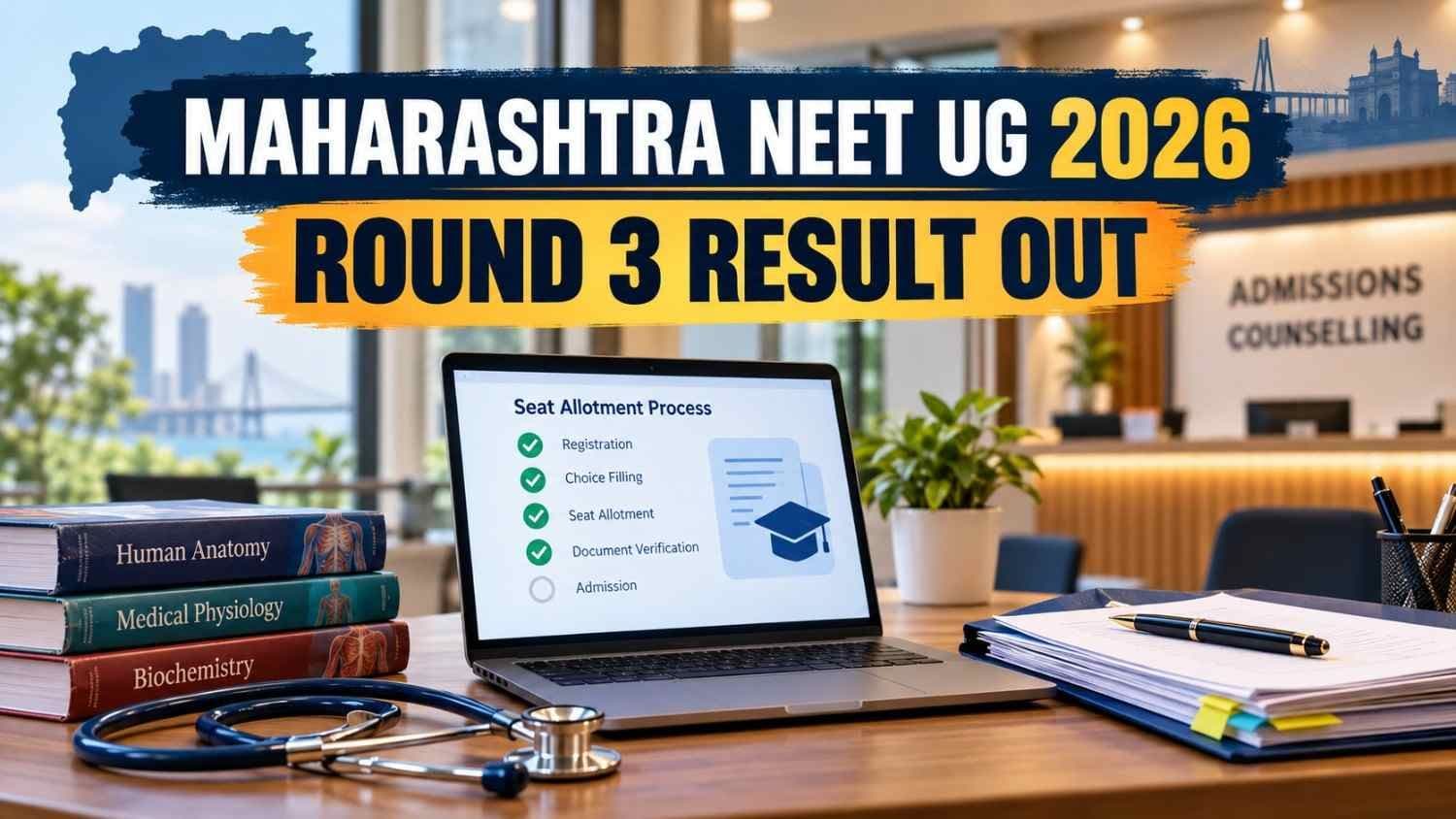 Maharashtra NEET UG 2026 Round 3 result cover with a laptop allotment checklist, medical books and stethoscope.