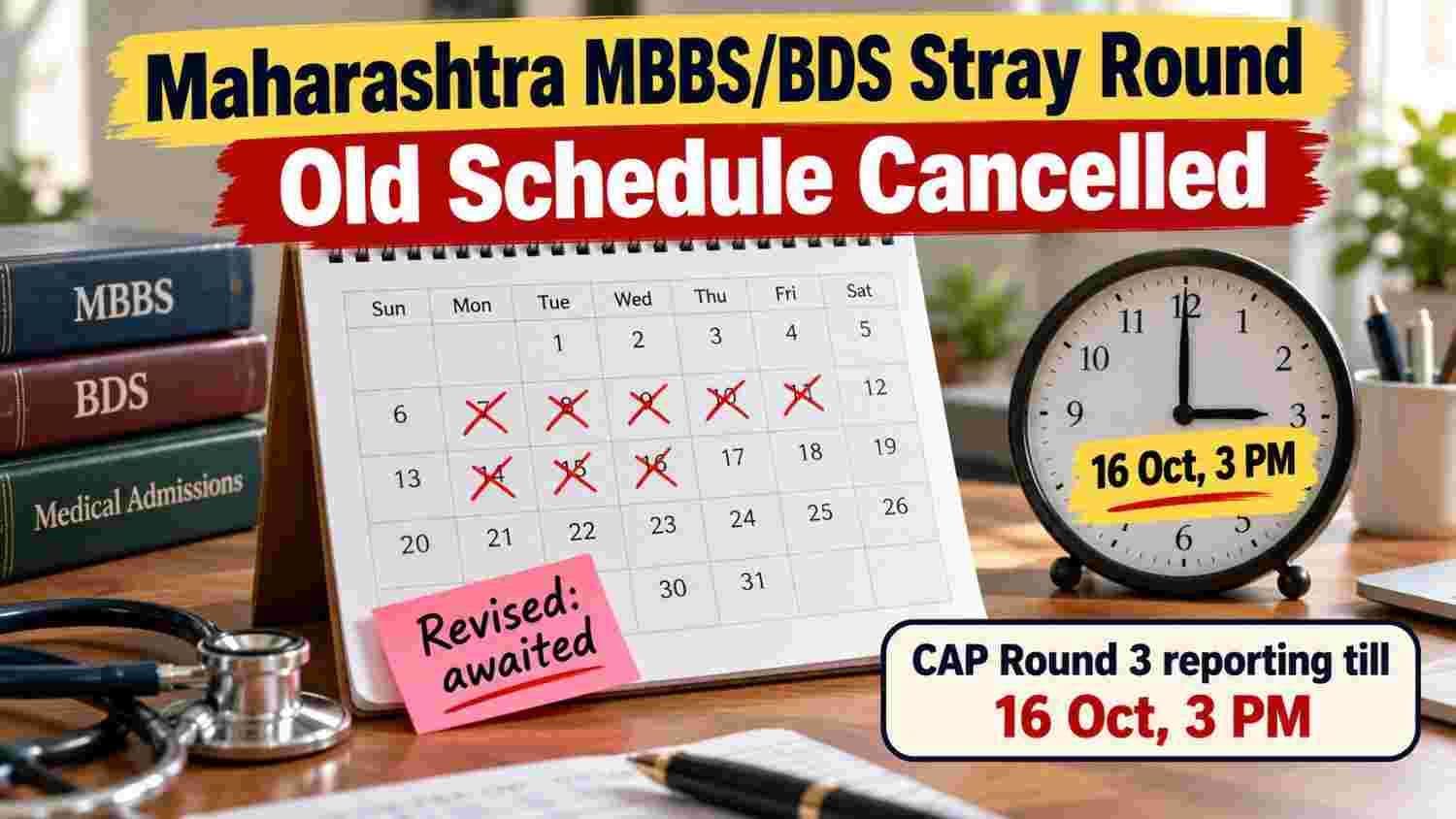 Maharashtra MBBS BDS stray round schedule cancelled, CAP Round 3 reporting 16 October