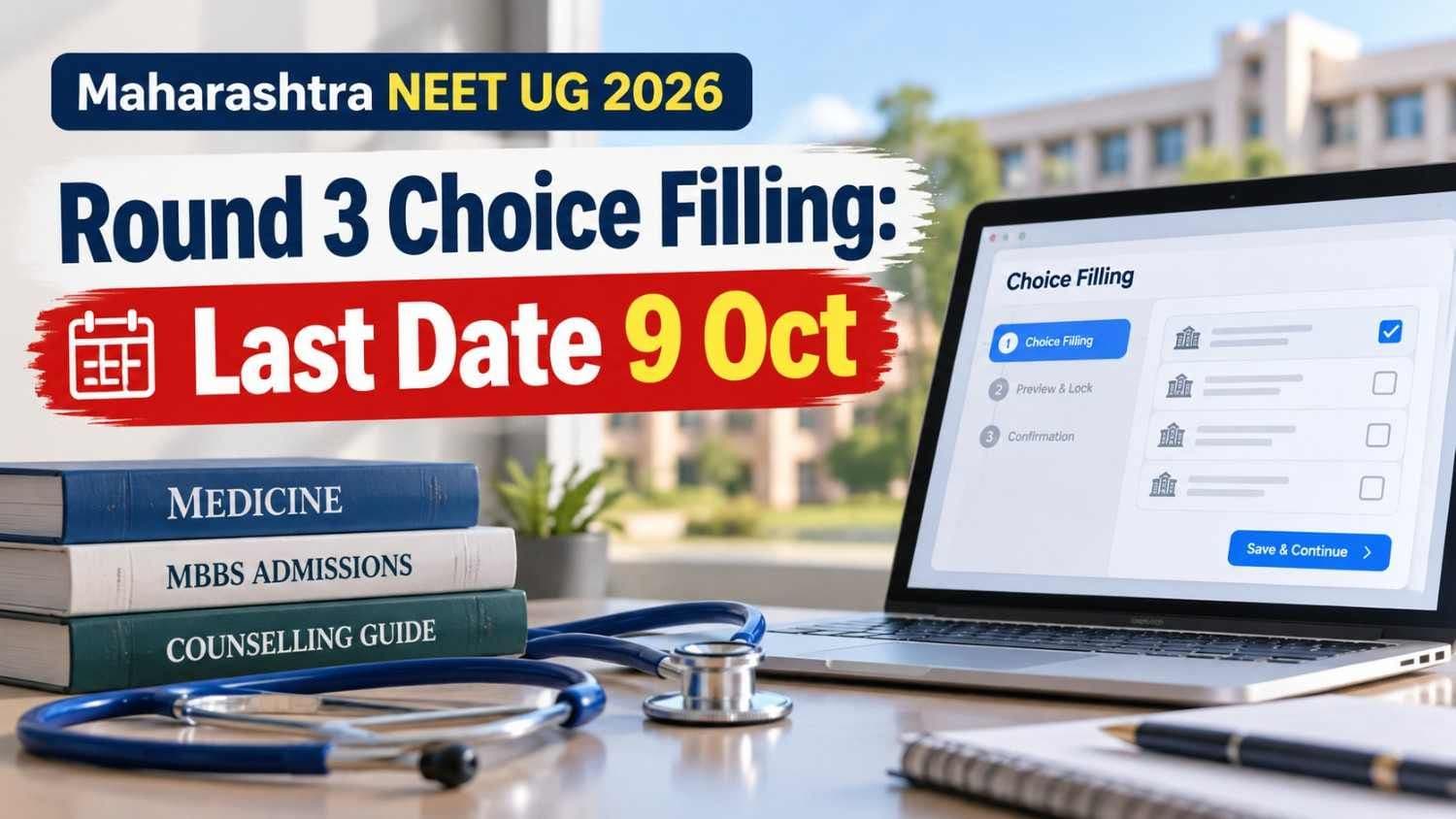 Graphic showing Maharashtra NEET UG Round 3 choice filling last date 9 October 2026