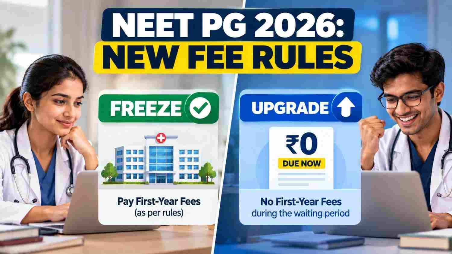 NEET PG 2026 fee rules revised by NBEMS showing freeze vs upgrade options for first-year payment