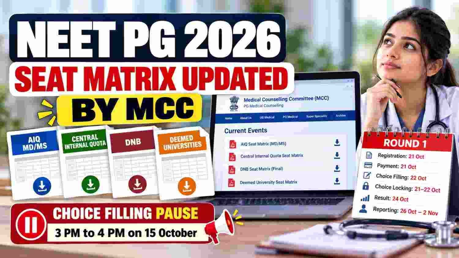 NEET PG 2026 seat-matrix illustration with a stethoscope and folders labelled AIQ, DNB, Deemed and Central.