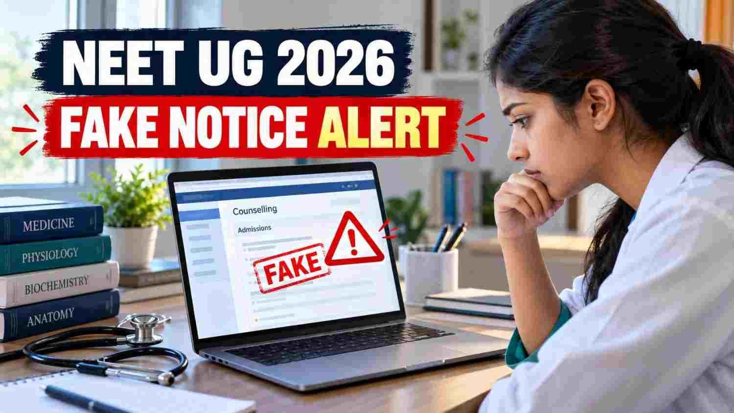 Medical aspirant checking a NEET UG 2026 counselling notice marked as fake on a laptop