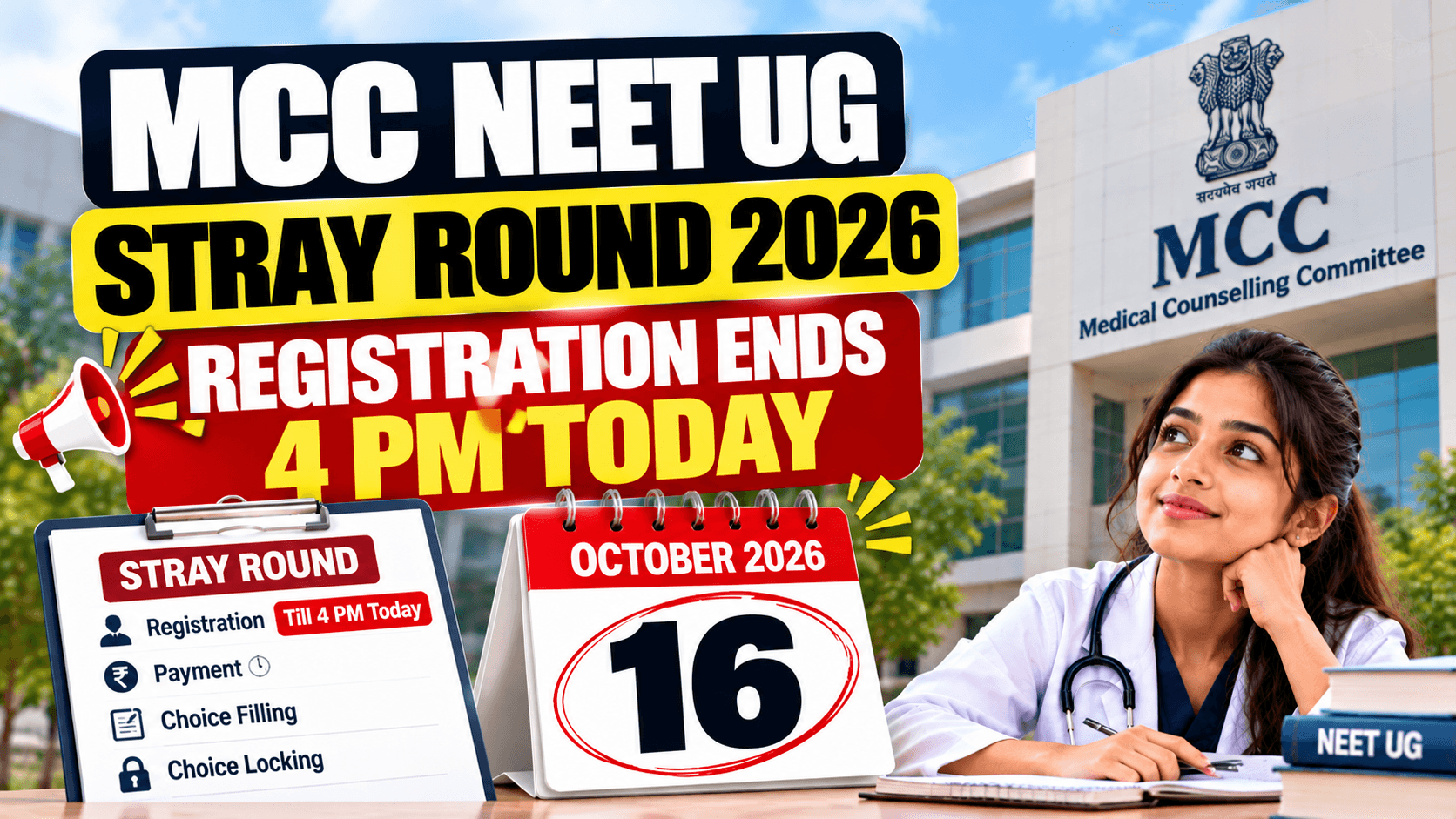 MCC NEET UG Stray Round Final Day: Register by 4 PM, Choices Till 11:55 PM