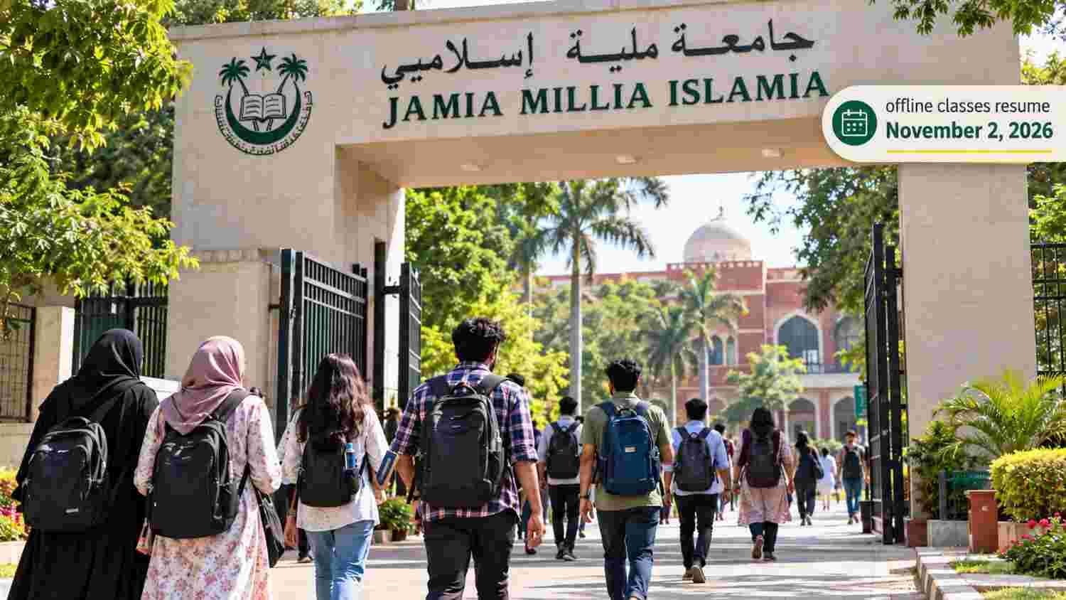 Students walking on Jamia Millia Islamia campus as offline classes resume November 2, 2026