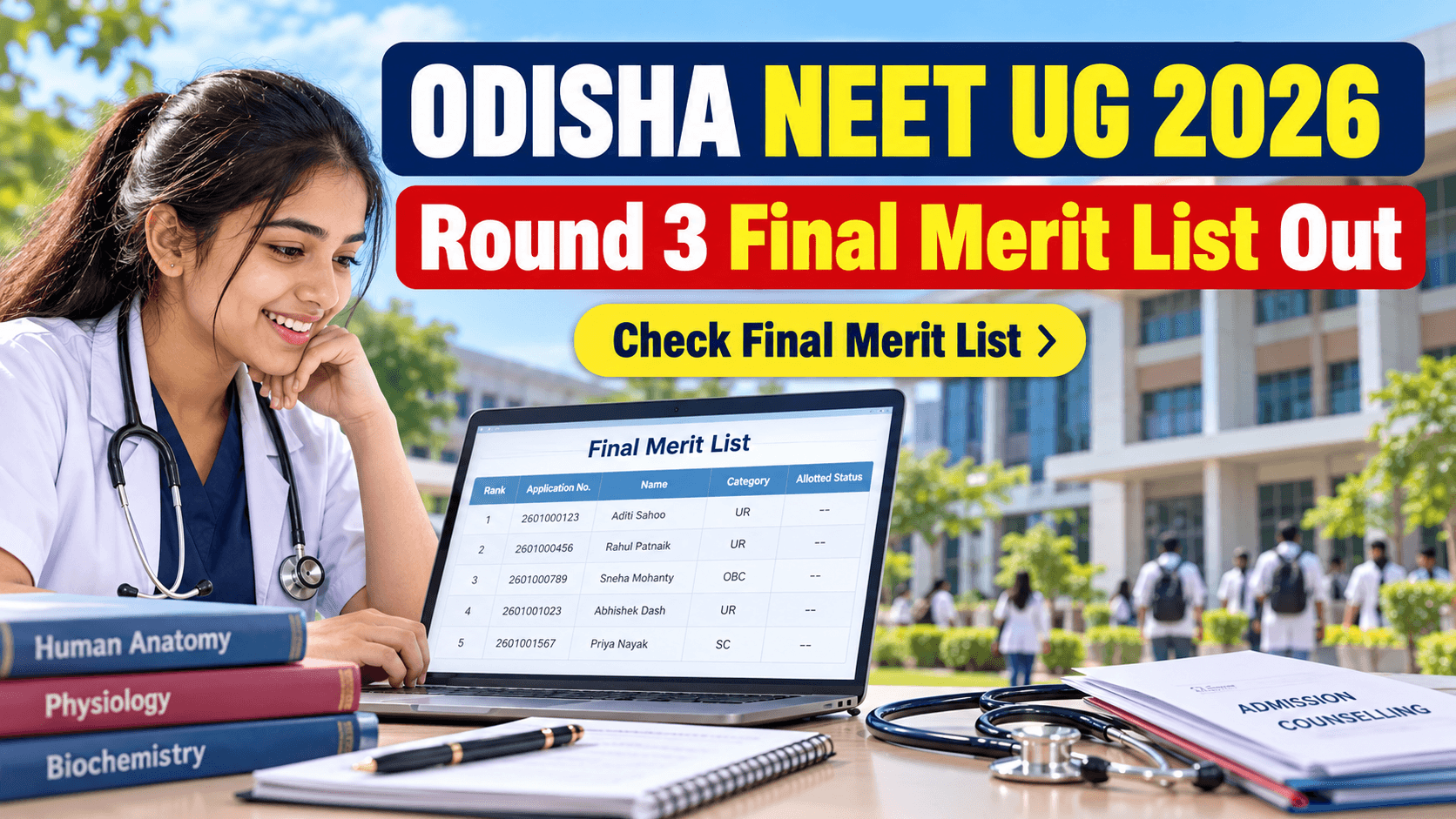 Odisha NEET UG 2026 Round 3 Final Merit List Out, Check Choice Filling and Allotment Dates