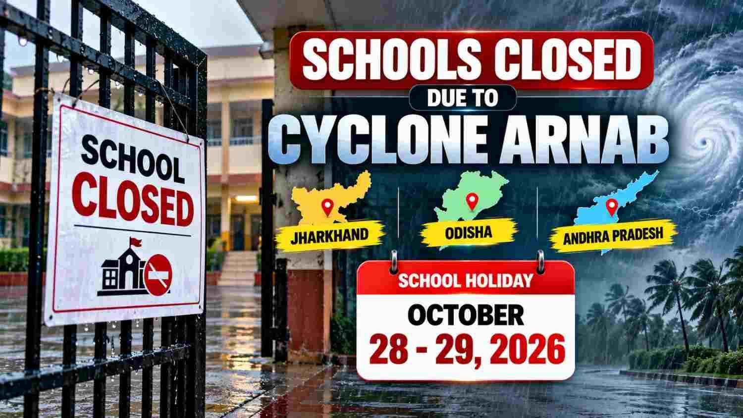 Closed school gate in Ranchi during Cyclone Arnab school holidays October 2026