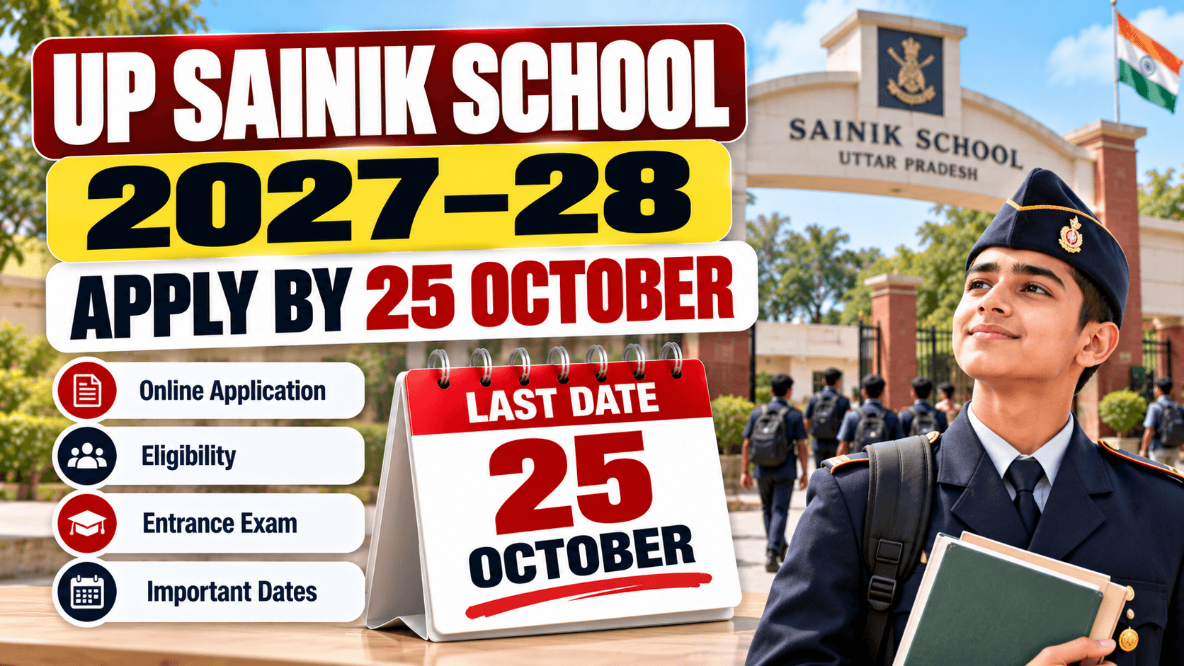 UP Sainik School Admissions 2027–28: Apply by 25 October Without Late Fee