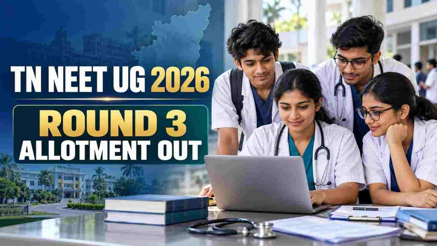 Indian medical students checking the Tamil Nadu NEET UG 2026 Round 3 allotment result on a laptop