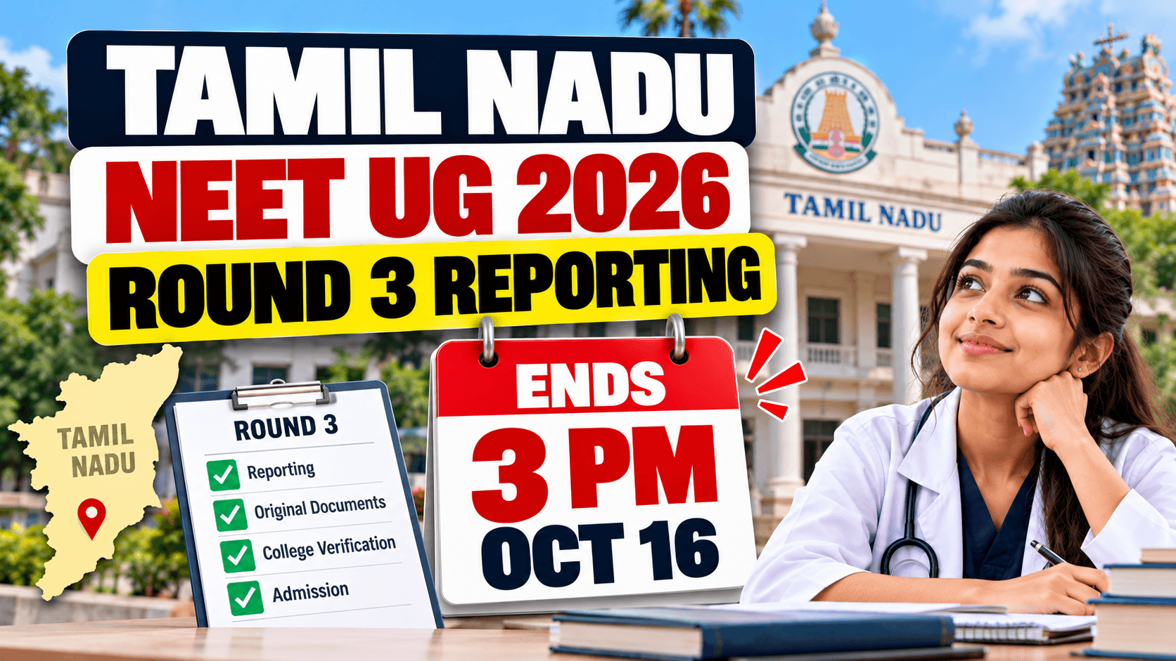 Tamil Nadu MBBS/BDS Round 3: Reporting Ends 3 PM; Don't Confuse the 4 PM Deadline