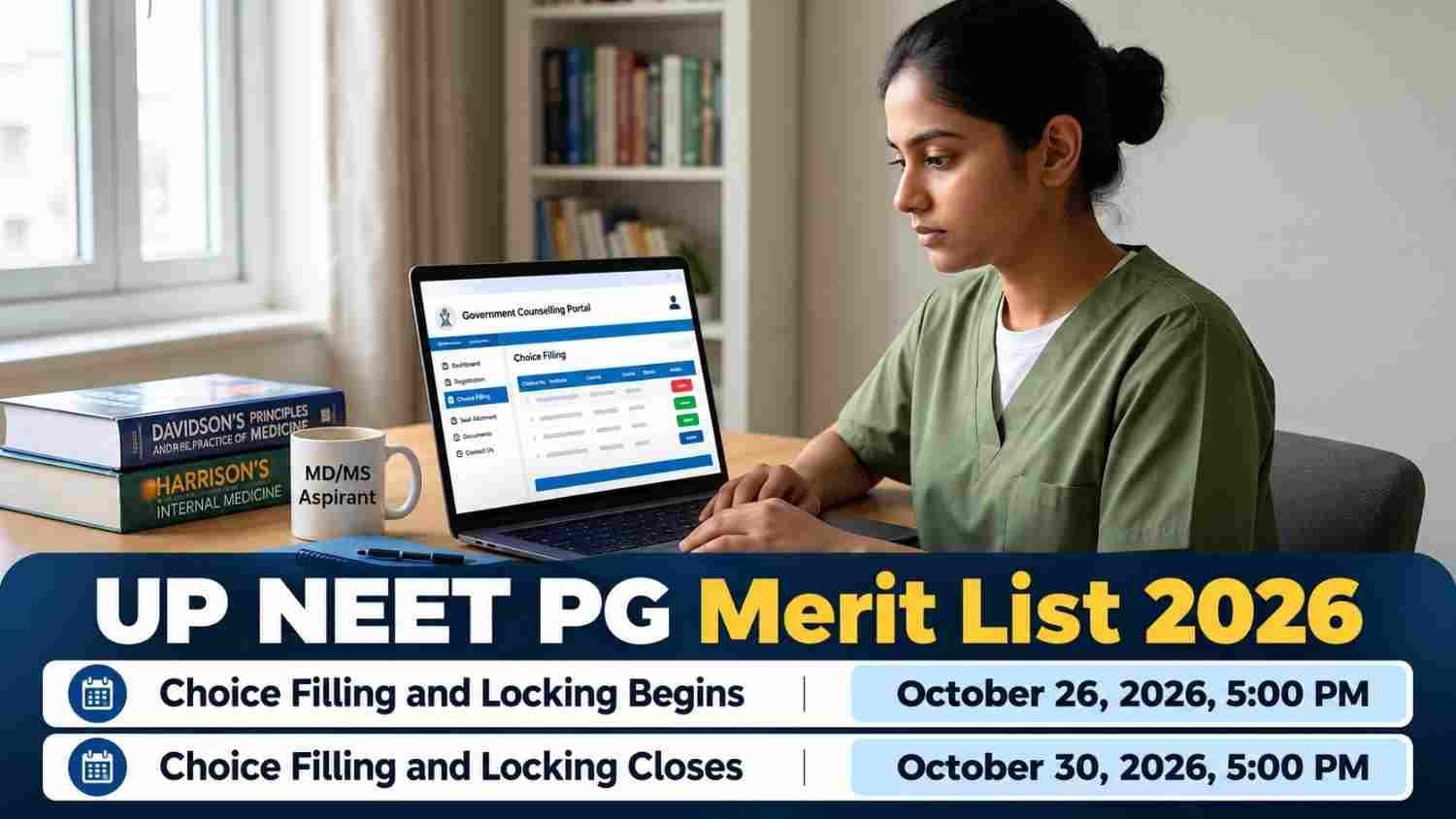 Candidate checking UP NEET PG 2026 merit list on laptop for Round 1 choice filling at upneet.gov.in.