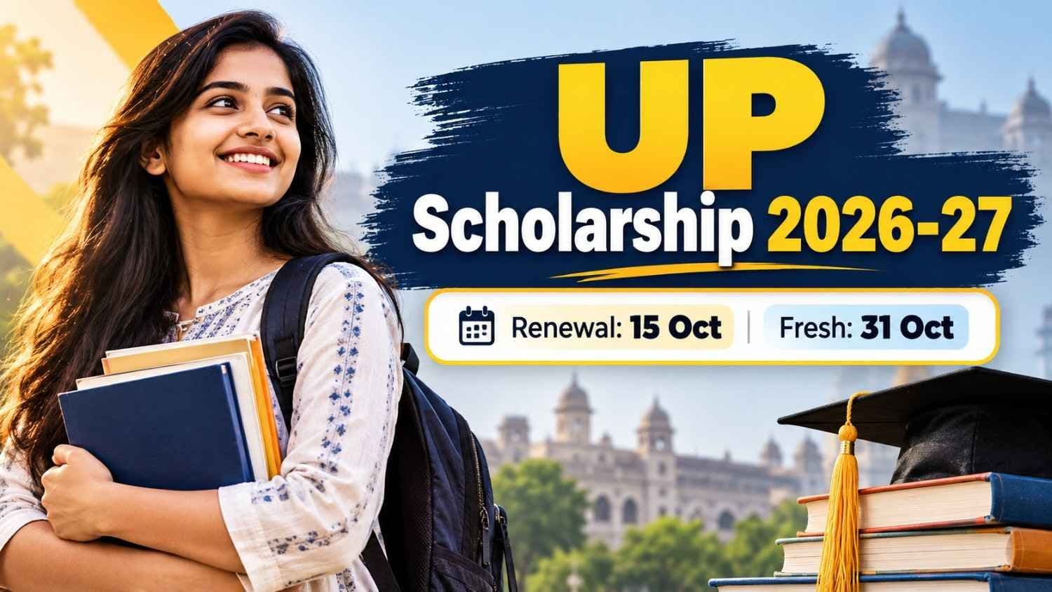 Graphic showing UP Dashmottar scholarship 2026-27 renewal and fresh application last dates
