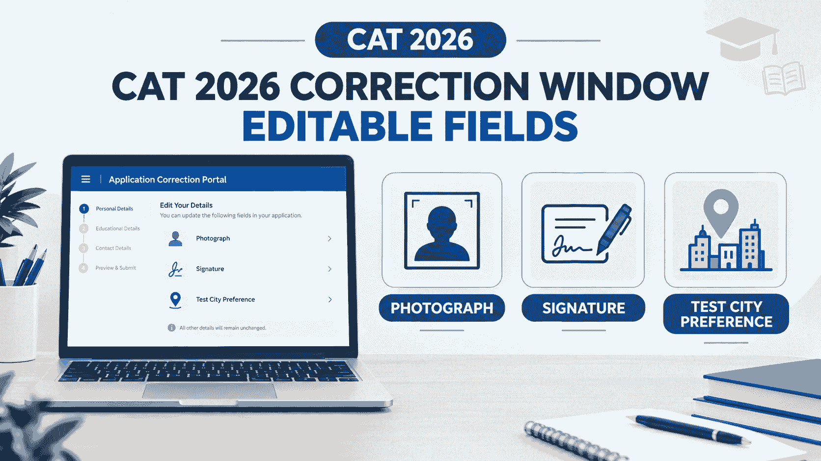 Illustration representing CAT 2026 application correction window fields — photo, signature, test city