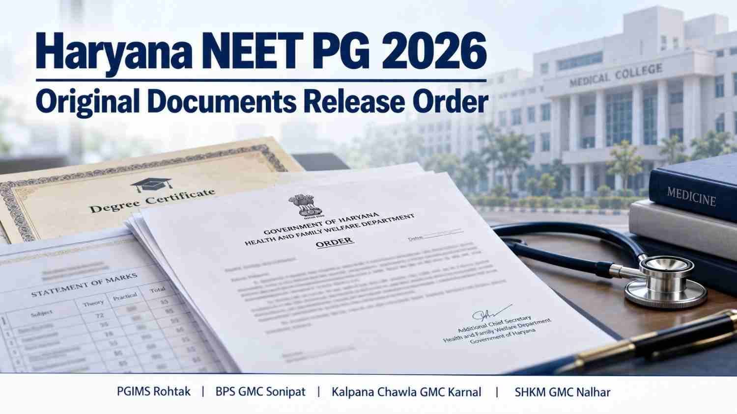 Haryana NEET PG 2026 order directing four government medical colleges to release original documents of MBBS graduates allotted PG seats