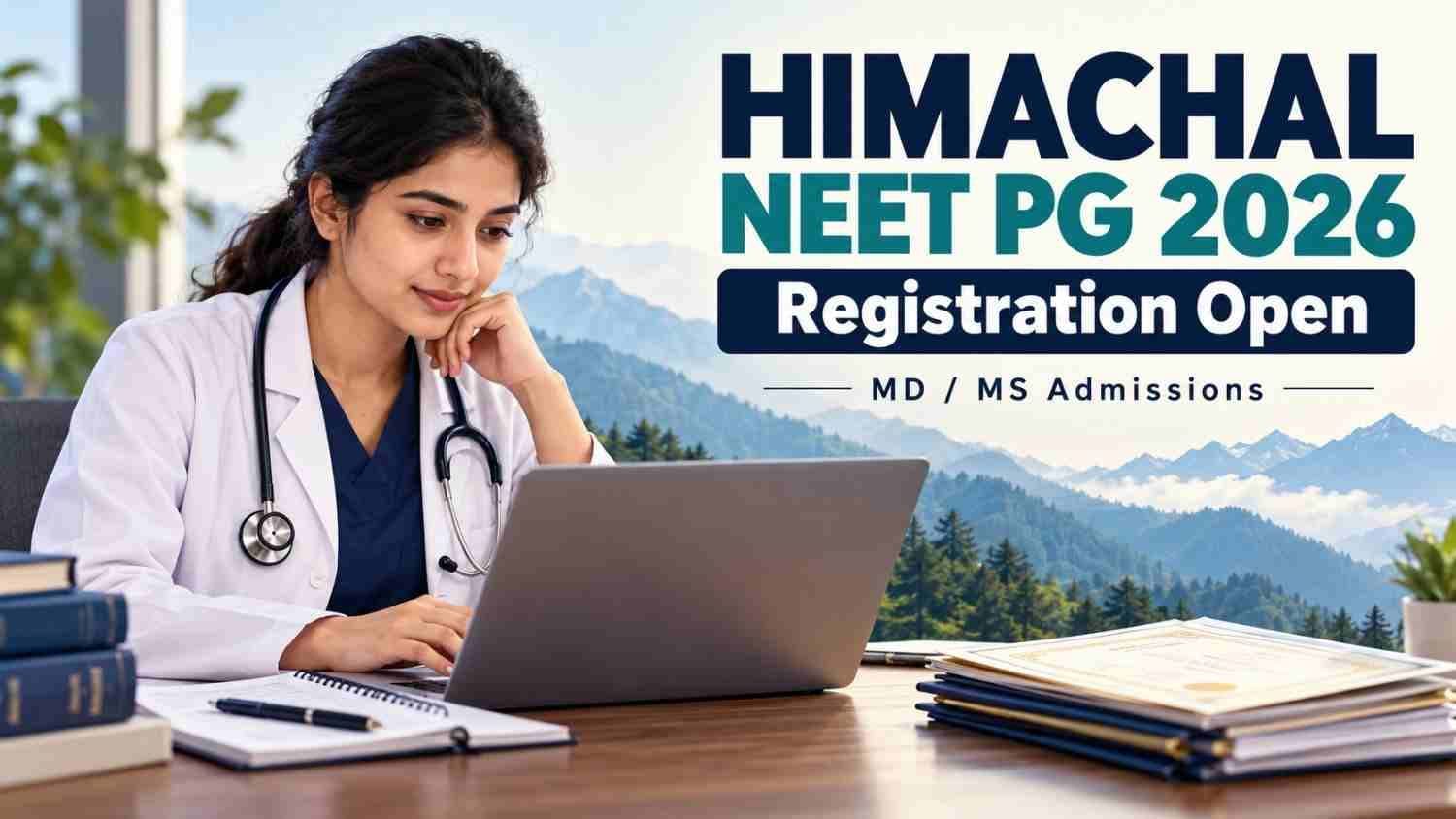 Representative medical graduate completing a laptop application beside the Himachal NEET PG 2026 Registration Open headline.