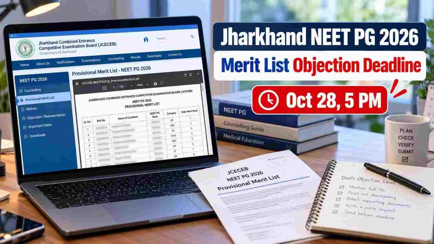 JCECEB Jharkhand NEET PG 2026 merit list on a laptop screen before the objection deadline