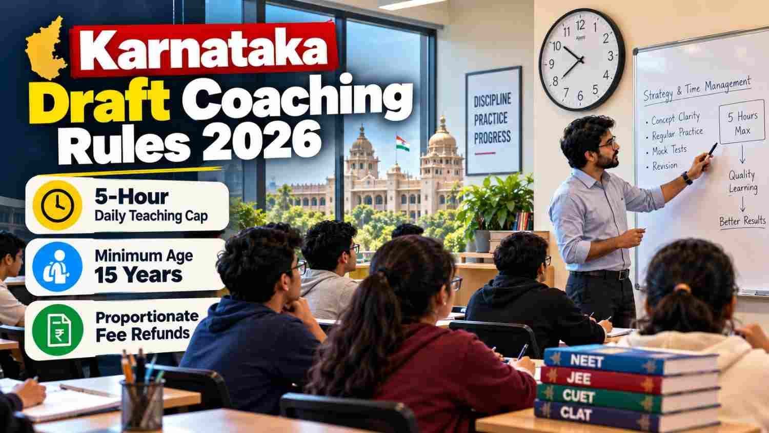 Coaching classroom representing Karnataka draft rules on five-hour teaching limit and student fee refunds