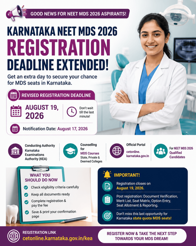 Karnataka NEET MDS Counselling 2026: Registration Deadline Extended, Last Date Now August 19